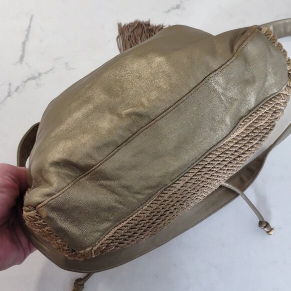 VNTG Sharif Rope Detailed Gold Leather Bucket Crossbody Bag Tasseled Medium - Picture 7 of 15